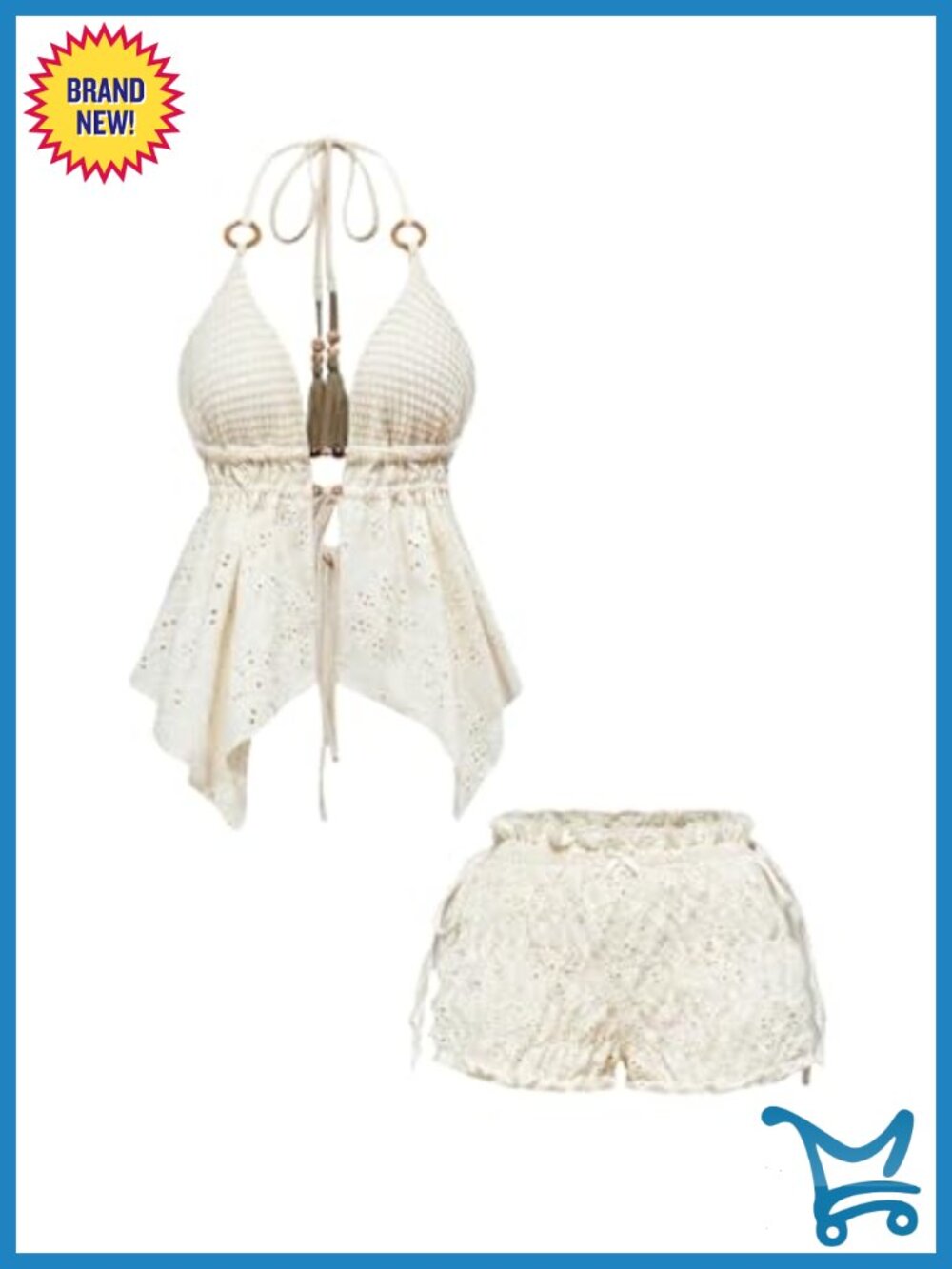 Y2k Boho 2 Piece Set Eyelet Tie Backless Beaded Halter Top & Shorts